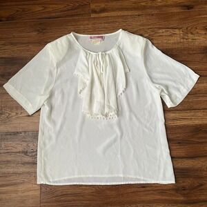 Vintage Ivory Sheer Ruffle Blouse Lace Trim Womens Medium Fairy Cottagecore Boho